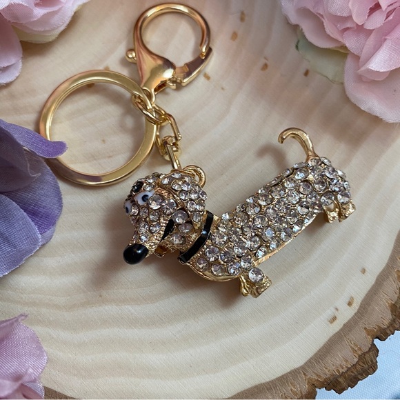 Silver Crystal Hot Dog Puppy Keychain Charm - Picture 7 of 14